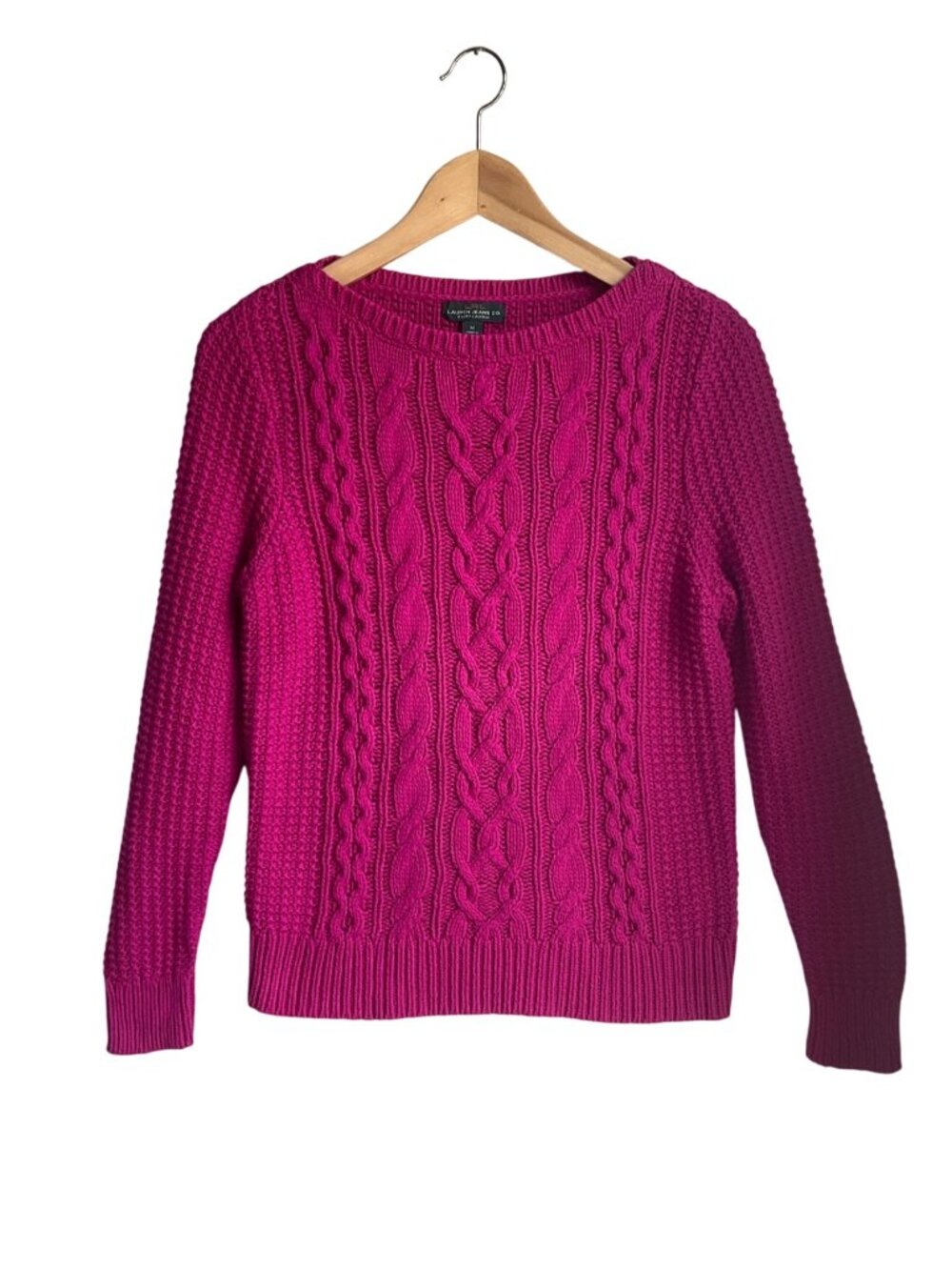 Lauren Ralph Lauren Womens S/M Hot Pink Cable Knit Sweater Cotton Bl Preppy